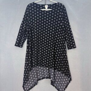 CHICO'S SZ 1(Med-Large)Pullover Tunic Top 3/4 Sleeve‎ Black White Polk Dot Artsy